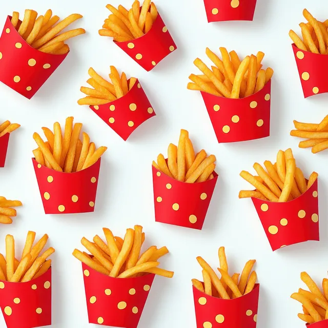 Golden french fries in red containers with yellow dots are scattered on a white background.