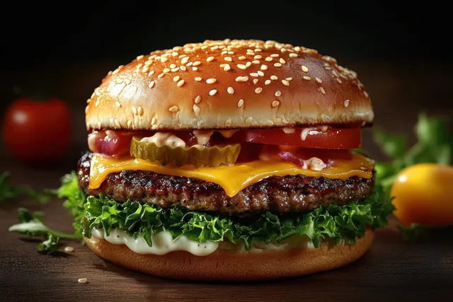 Juicy cheeseburger with beef patty and fresh lettuce on rustic wooden table close-up