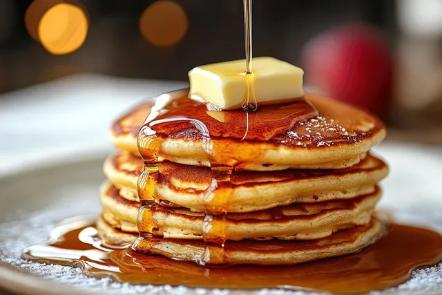 Stacked pancakes with maple syrup and butter on a breakfast plate