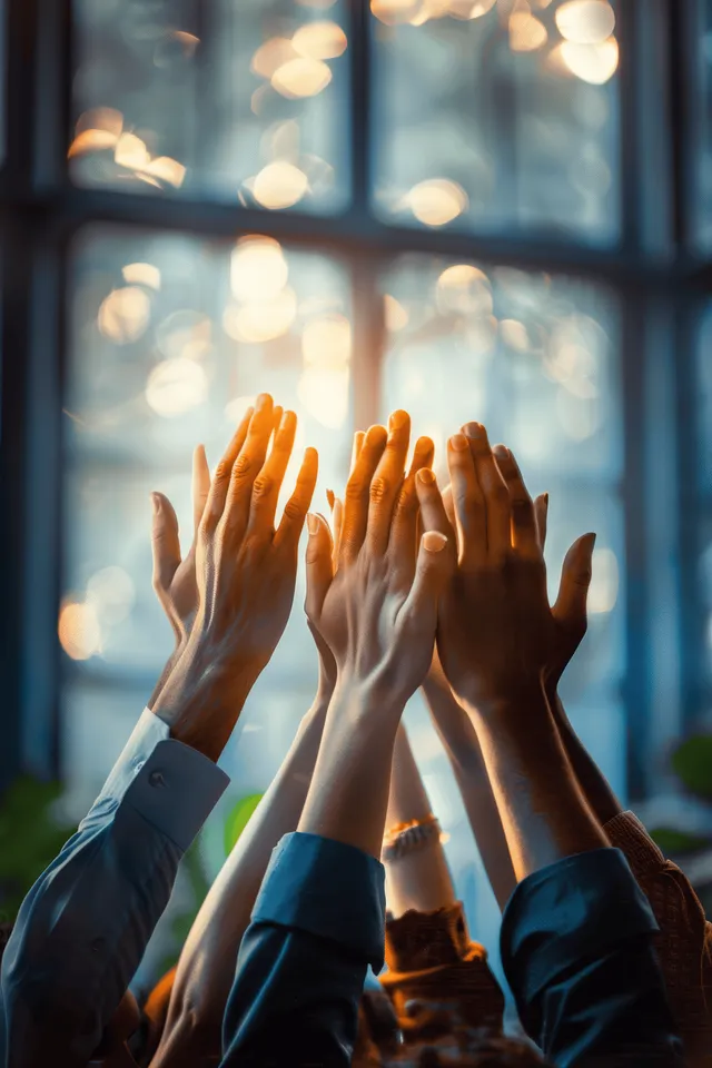 Multiple raised hands gathered in unity against a window backdrop with warm bokeh lights.