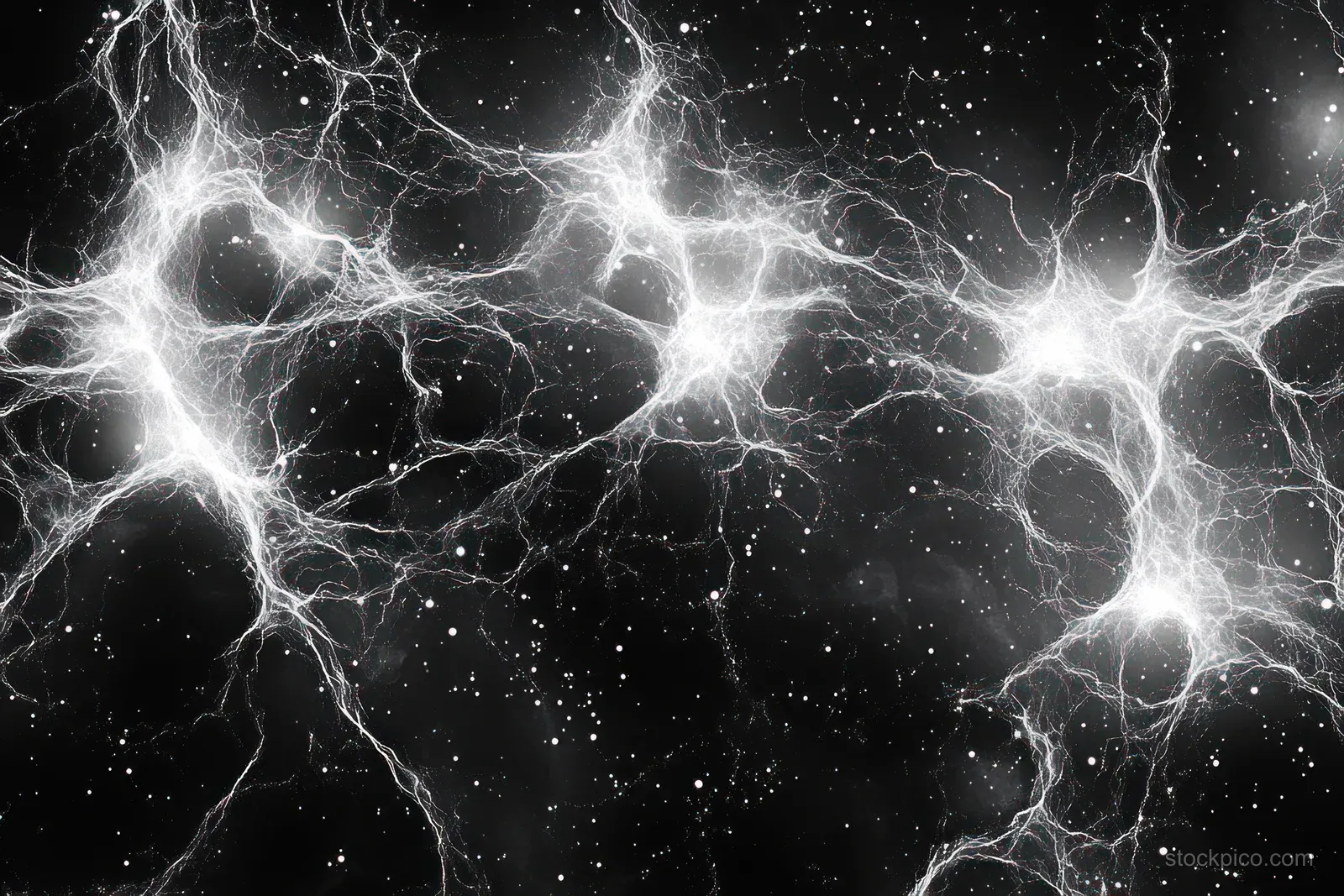 Glowing neuron-like network of branching electric filaments and bright nodes over a dark starry background.