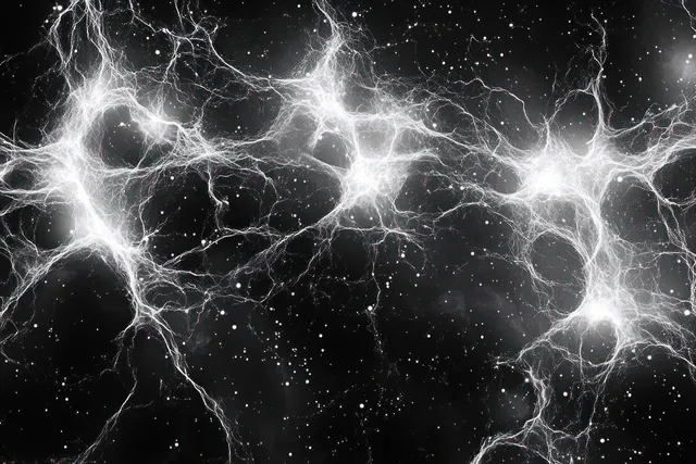 Glowing neuron-like network of branching electric filaments and bright nodes over a dark starry background.