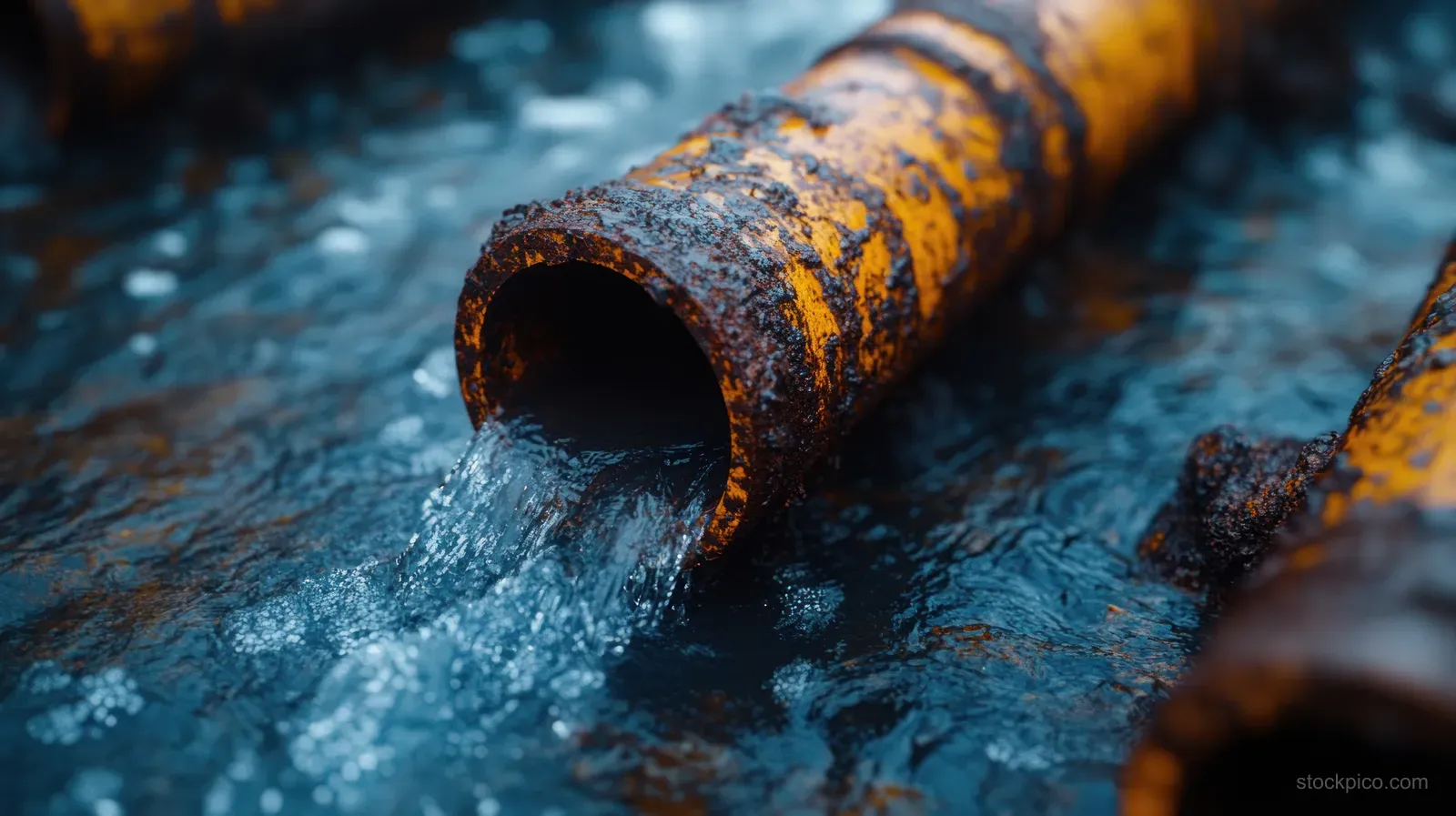 Rusty broken pipe sprays water onto wet concrete with visible corrosion and droplets.