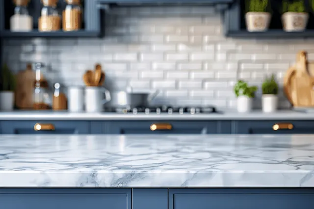 Marble kitchen countertop with blue cabinets and a white subway tile backsplash, with utensils on the shelves.