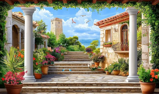 Mediterranean courtyard with stone steps, potted flowers, and arched columns under bright blue sky