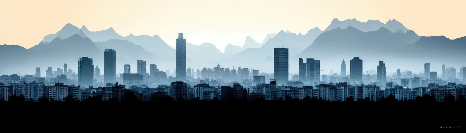 Minimal Milan city skyline silhouette with cathedral dome and spires against sunrise clouds and distant mountains.