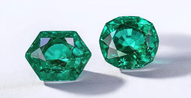 Two faceted green gemstones lie on a white surface, showing sharp reflective facets and bright light play.