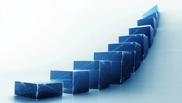 Ascending blue transparent cubes on reflective surface with glowing internal network lines