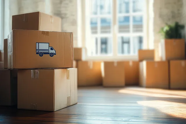 Cardboard moving boxes stacked on a wooden floor in a sunlit room with large windows.