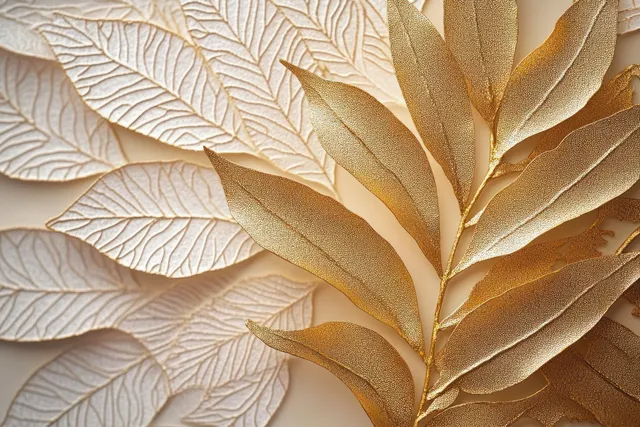 Close-up of a beige decorative plate with embossed leaf veins and warm golden highlights.