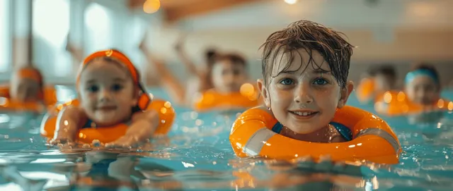 Smiling children wearing life jackets learning freestyle strokes in indoor pool