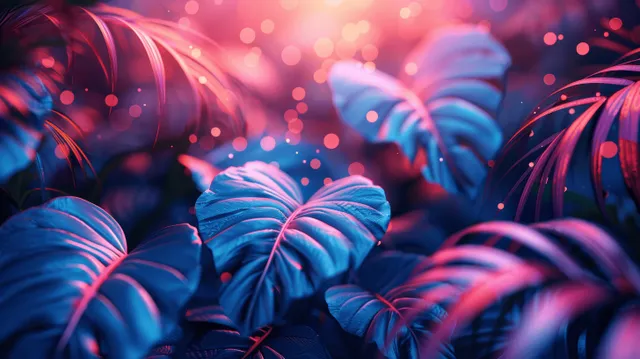 Neon tropical jungle leaves glowing pink and blue in a dreamy night mist