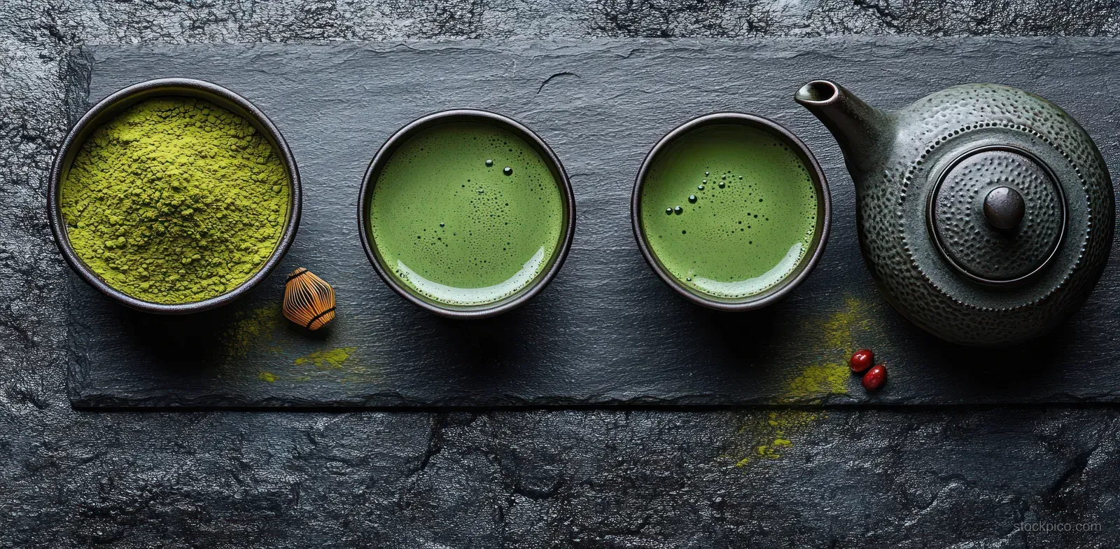Overhead matcha tea setup with green powder, two frothy cups, bamboo whisk, and a textured teapot on dark stone.