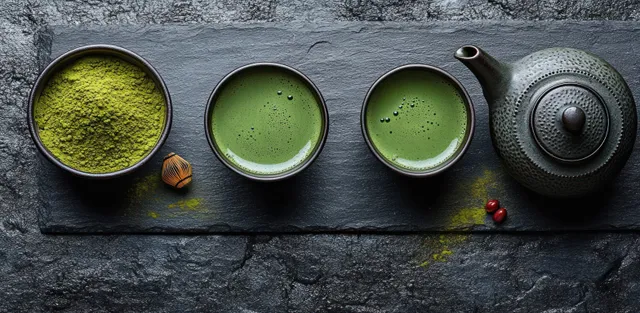Overhead matcha tea setup with green powder, two frothy cups, bamboo whisk, and a textured teapot on dark stone.