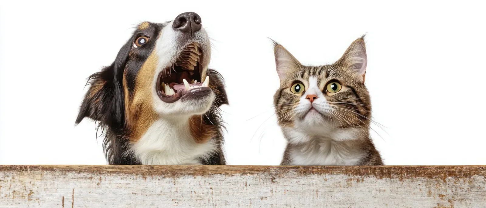 An open-mouthed dog and a tabby cat peek over a rustic wooden ledge against a white background.