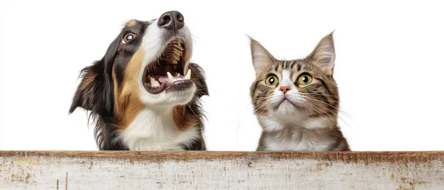Dog with open mouth and tabby cat peeking over rustic wooden ledge against white