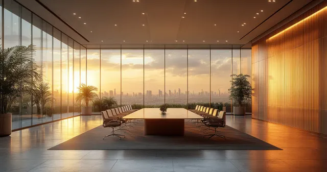 Diverse professionals sit around a boardroom table with laptops while discussing plans in warm-lit corporate meeting space.