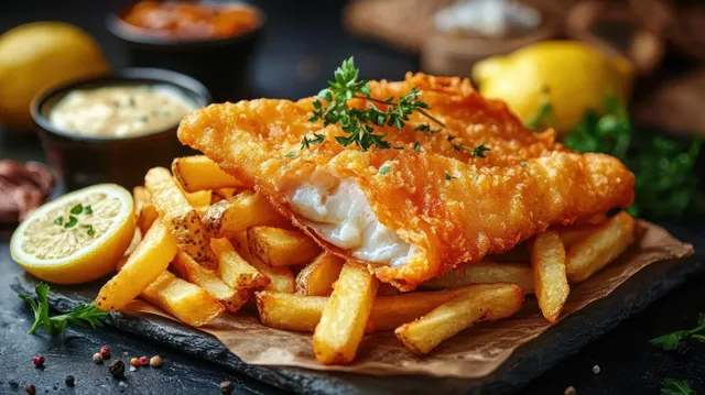 Crispy fried fish fillet over thick-cut fries with lemon and herbs on black slate with Shallow Depth Of Field