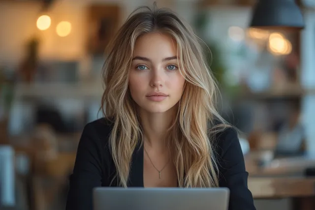 Focused businesswoman attending a virtual meeting on laptop in a modern office