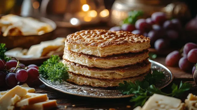 Stack of golden flatbread on a silver plate with parsley and grapes in warm rustic light