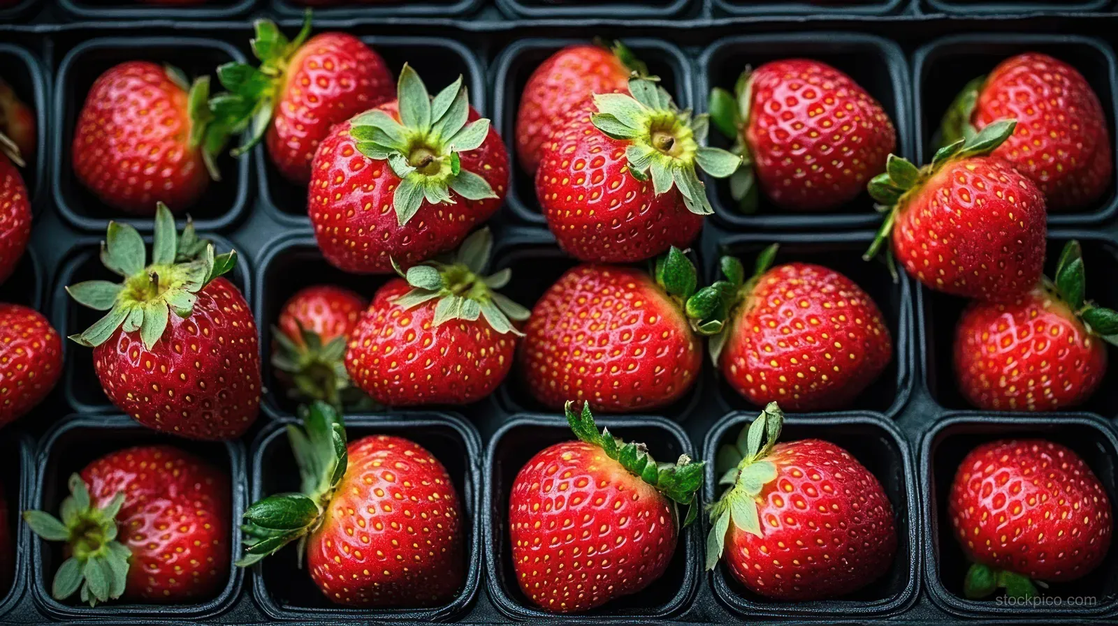 Red strawberries with green leaves packed in black plastic trays in an organized close-up display.