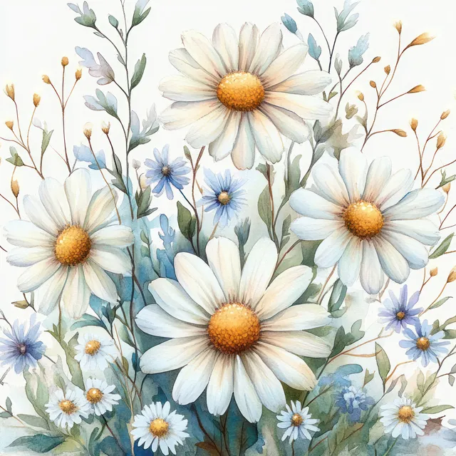 Watercolor white daisies and small blue wildflowers arranged in a seamless pattern with delicate stems on a soft blue background.