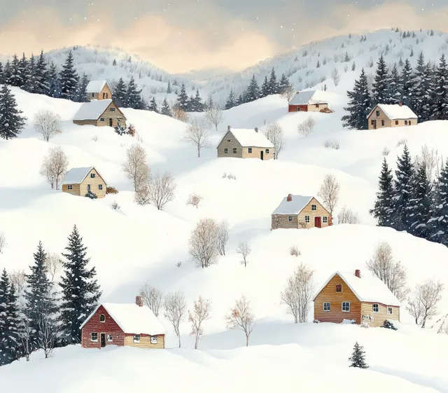 Seamless watercolor pattern of snowy hills, wooden cottages, and Christmas trees under a soft winter sky.