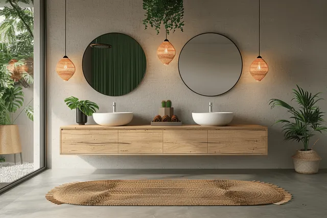 Minimalist double bathroom vanity with round mirrors, wood countertop, and concrete floor plants