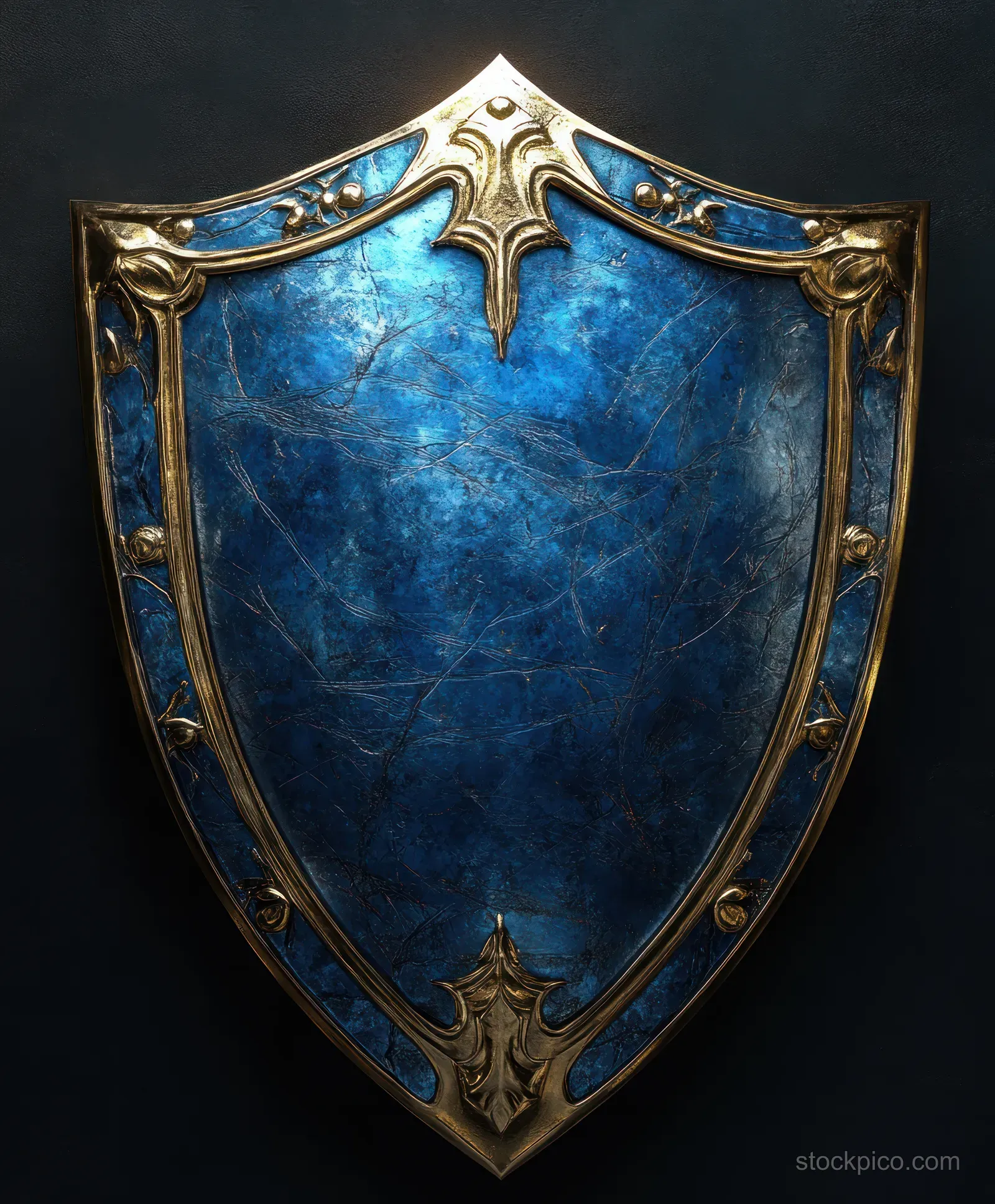 Glossy blue security shield emblem with ornate silver frame centered on a dark background.
