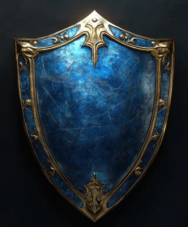 Glossy blue security shield emblem with ornate silver frame centered on a dark background.