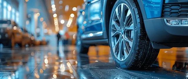 Blue SUV front wheel and bumper parked on a glossy floor in a brightly lit dealership showroom.