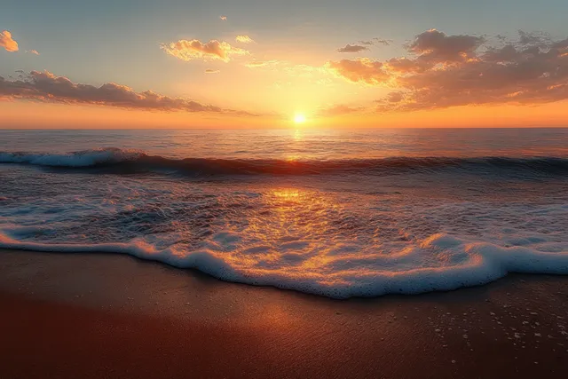 Sunset ocean waves roll onto sand under glowing orange sky and distant horizon