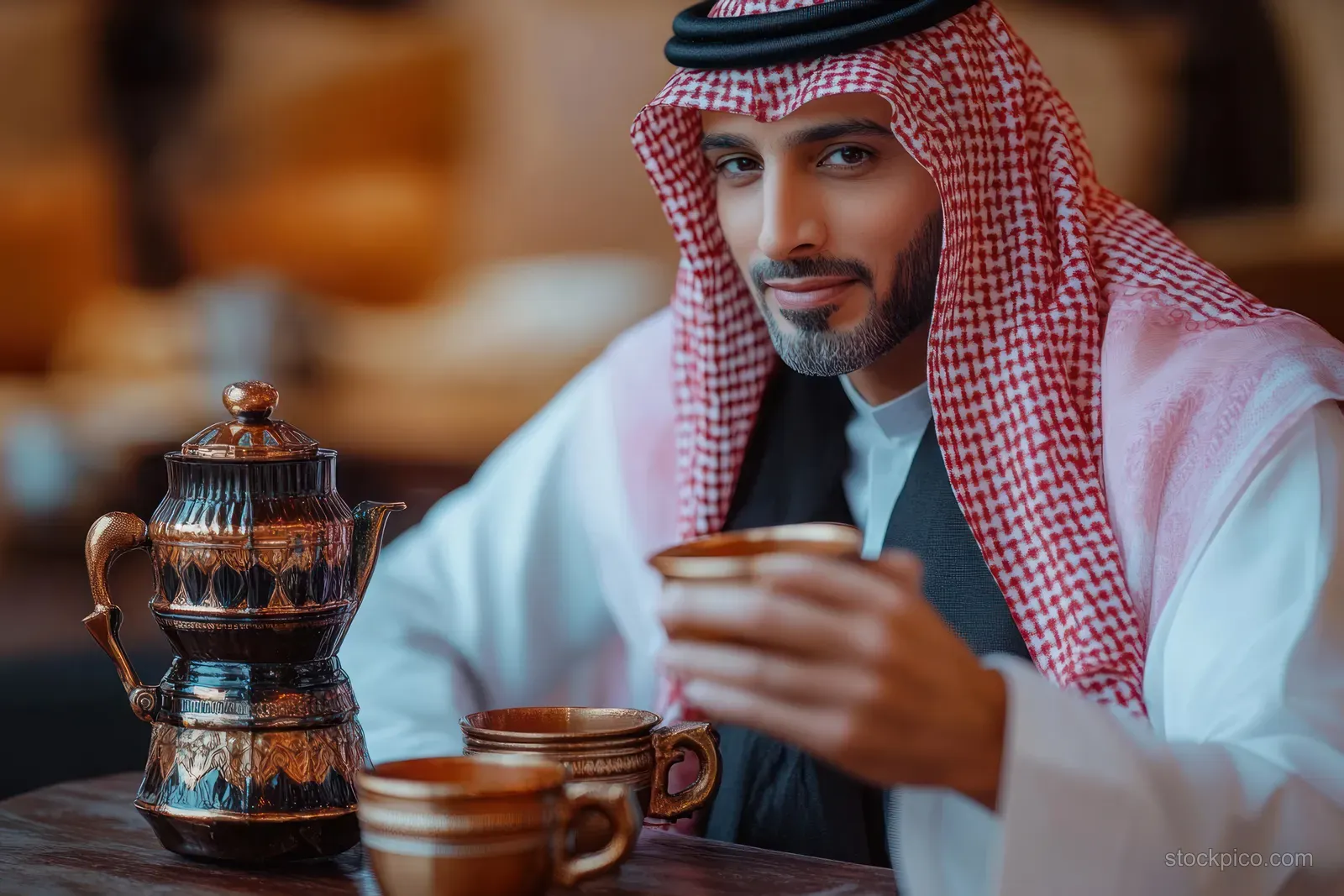 A Middle Eastern man in traditional keffiyeh holds a coffee cup at a table with an ornate decorative dallah and two ceramic cups.
