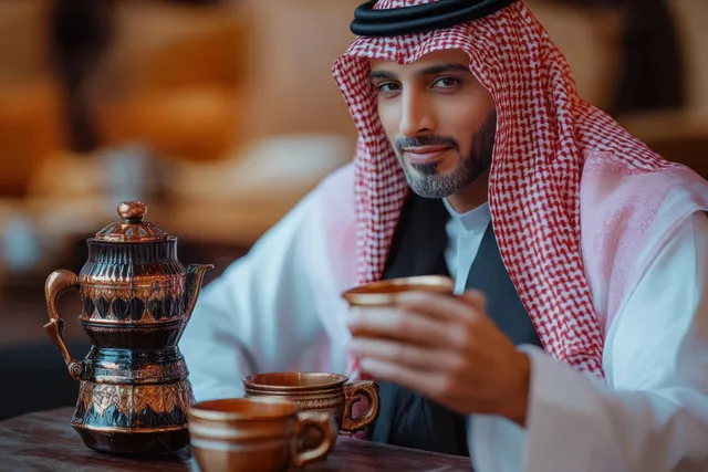 A Middle Eastern man in traditional keffiyeh holds a coffee cup at a table with an ornate decorative dallah and two ceramic cups.
