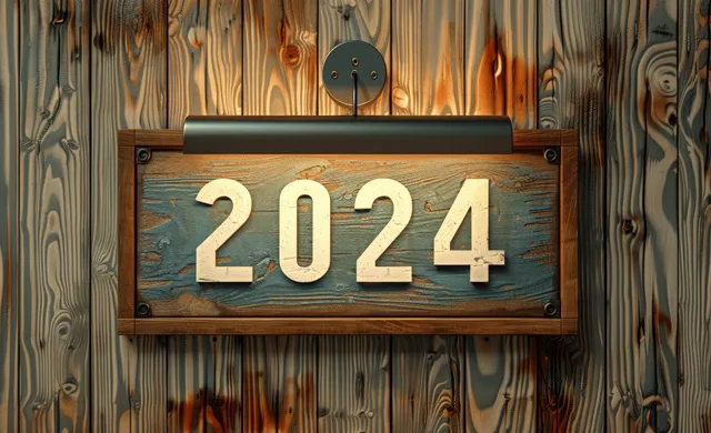 Framed wooden board on a plank wall showing glowing golden 2024 numerals for a New Year greeting concept.