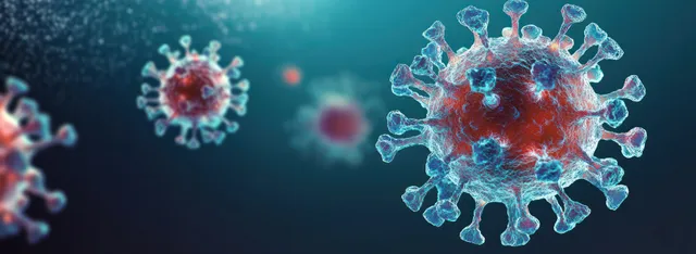 3D coronavirus particles with spike proteins floating in dark teal microscopic scene