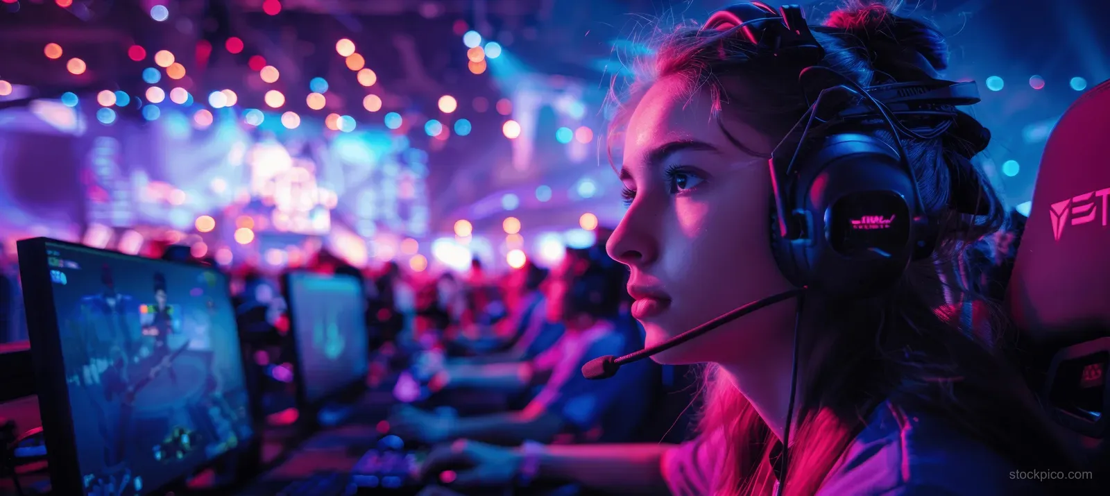 A VR e-sports gamer sits at a gaming station under neon purple stage lights with a blurred audience behind.