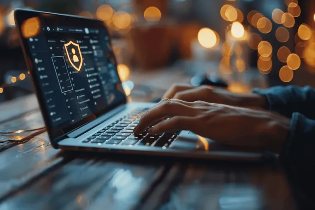 Businessman typing on laptop with shield icon, securing data privacy from cyber threats