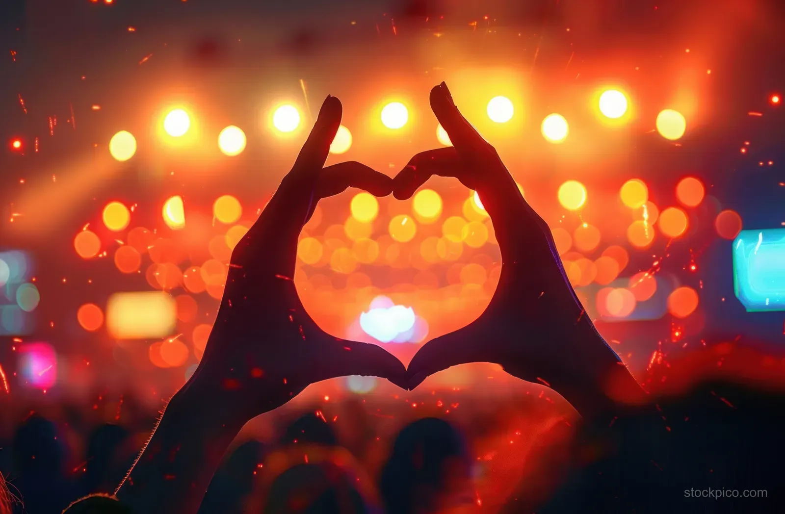 Silhouetted hands form a heart shape against warm orange and yellow bokeh lights.