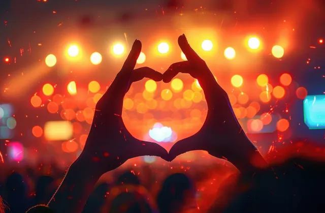 Silhouetted hands forming a heart gesture under warm orange street lights