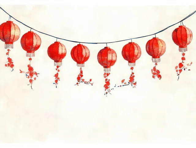 Red lantern string decorations hanging above festival scene with warm paper glow