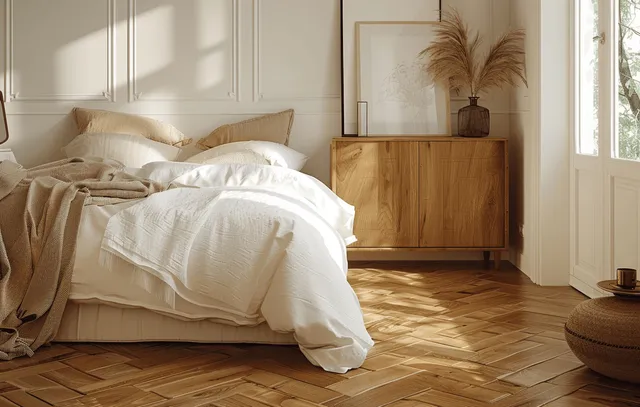 Beige boho bedroom bedding rests beside a wooden sideboard while warm sunlight casts shadows on a parquet floor.