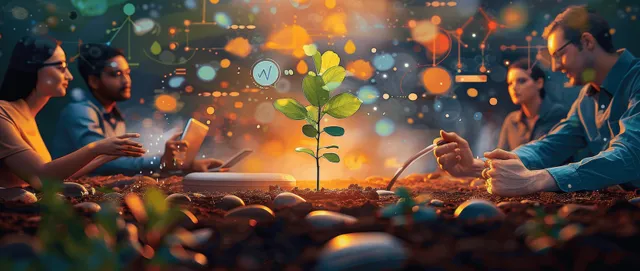 Hands pour water over a young tree sapling in sunlit soil with visible morning light and small sprouts.