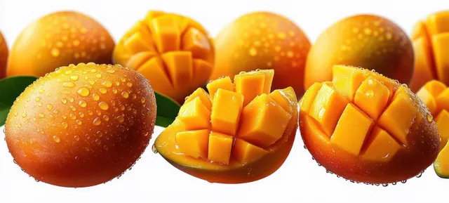 Ripe mangoes with water droplets, showing whole fruits and cut mango cubes with vivid orange flesh.