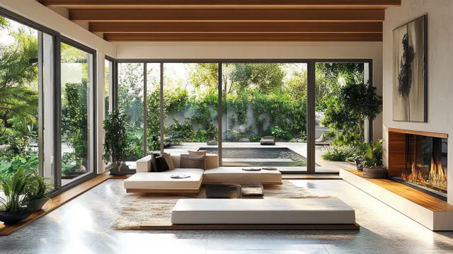 Minimal living room with large glass windows, potted plants, and a glowing stone fireplace under wooden beams.