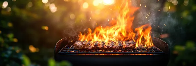 Flaming barbecue grill with roaring open flames in a green backyard garden at sunset