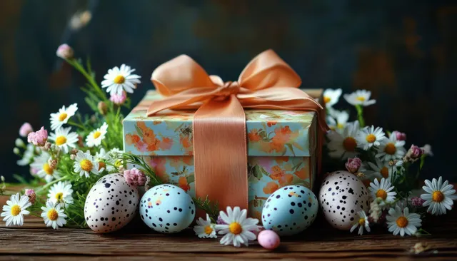 A floral gift box with an orange ribbon rests on rustic wood beside speckled pastel eggs and white daisies.