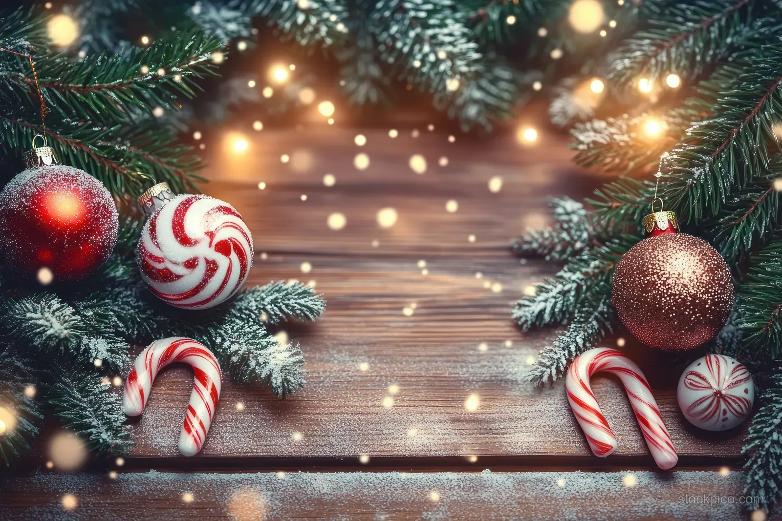 Decorated fir branches with red ornaments and candy canes sit on snowy wood beneath warm glowing lights.