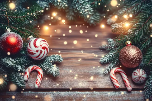 Festive fir branches with ornaments, candy canes, and warm lights on snowy wooden boards