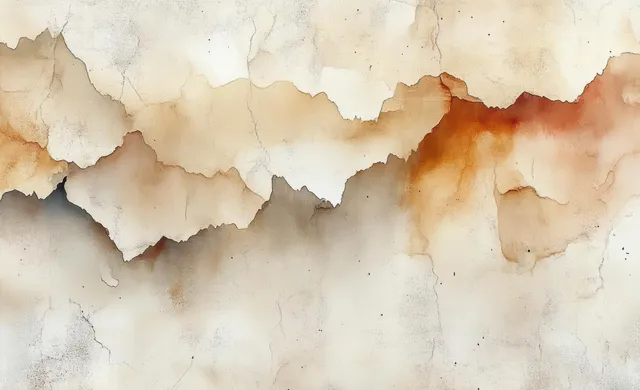 Cracked peeling beige wall with rust stains revealing layered paint textures